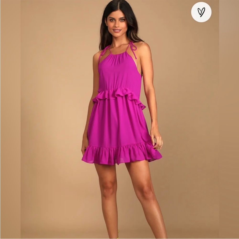 Lulus Pinch Feeling So Blissful Magenta Tie-Strap Tiered Mini Dress Womens